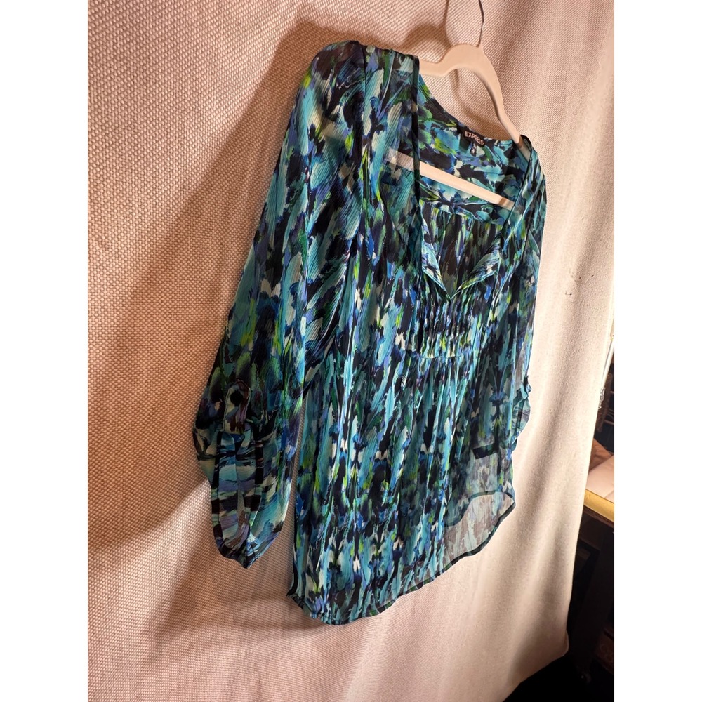 Express Womens XS Blue Abstract Print Sheer Blouse 3/4 Roll Tab Sleeve Top